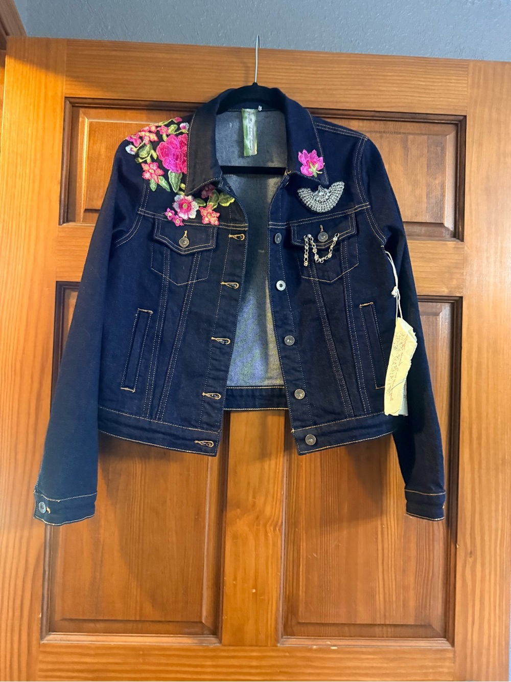 Embroidered Dark Blue Denim Jean Jacket with Pink Floral Accents